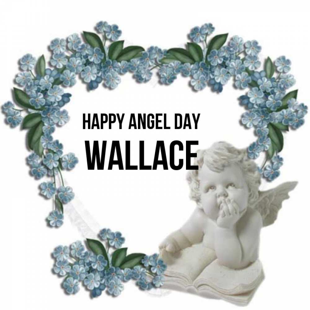 Greetings card с именем, Wallace happy angel day голубые цветы и мраморный ангел Greetings with text for free download 