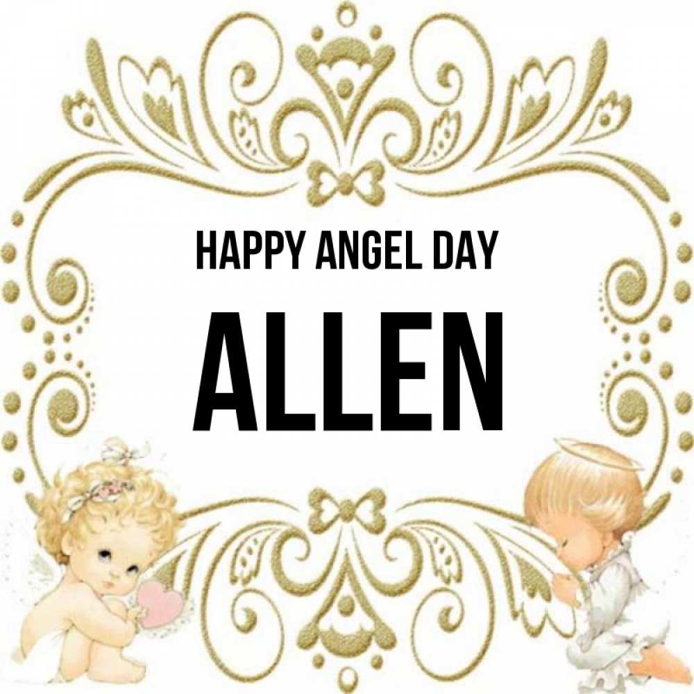 Greetings card с именем, Allen happy angel day с именинами поздравляют два красивых ангела. Один с сердечком другой молится Greetings with text for free download 