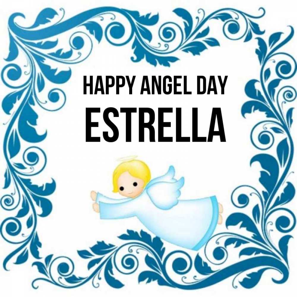 Greetings card с именем, Estrella happy angel day девочка ангел и синяя рамка Greetings with text for free download 
