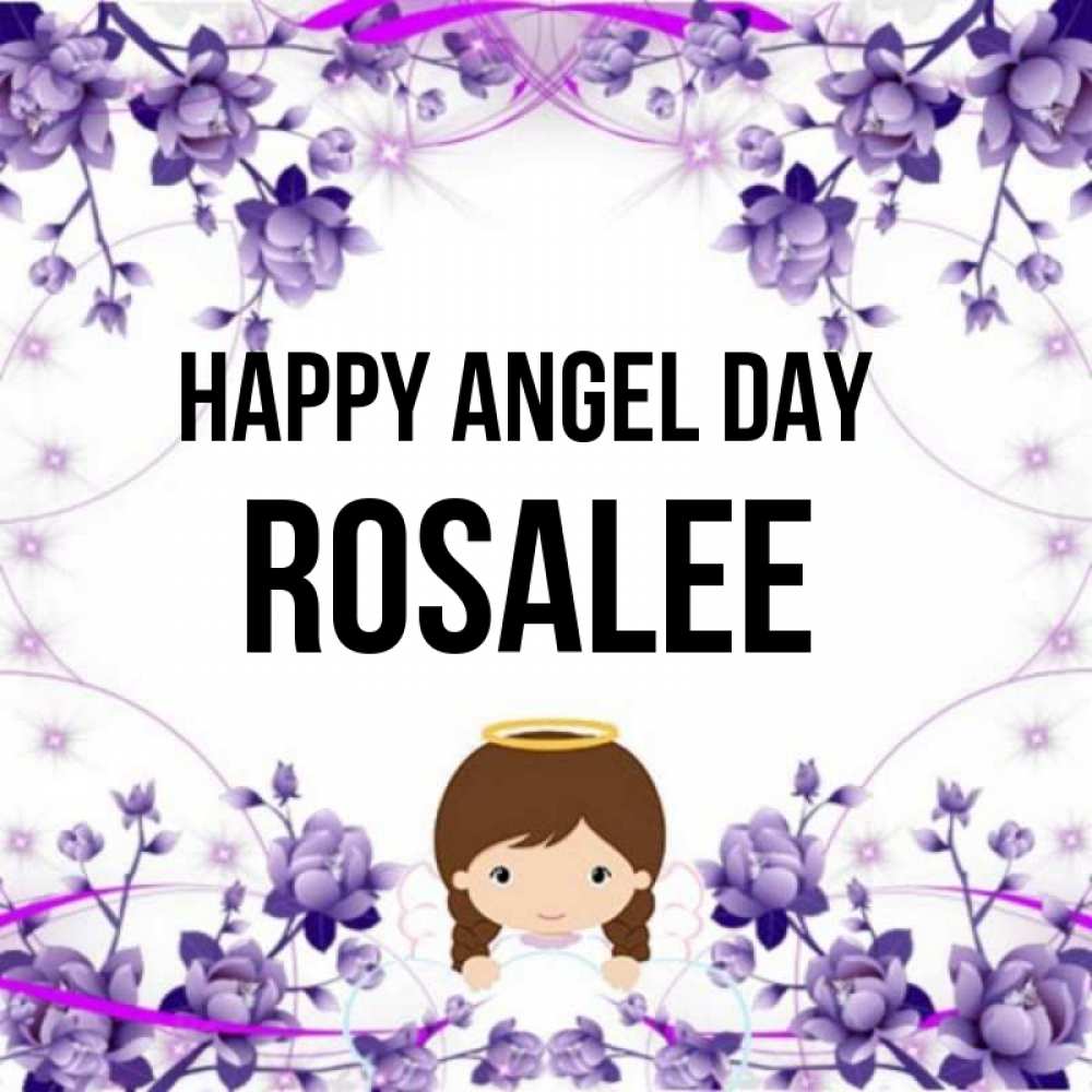 Greetings card с именем, Rosalee happy angel day с именинами в рамочке Greetings with text for free download 