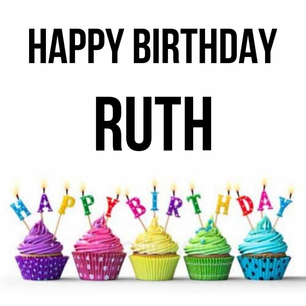 Greetings card с именем, Ruth Happy Birthday открытка ко дню рождения с разноцветными вкусняшками Greetings with text for free download 