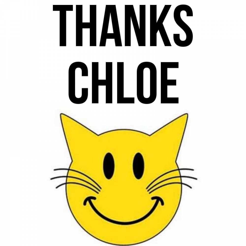Greetings card с именем, Chloe Thanks улыбающийся смайл кот Greetings with text for free download 