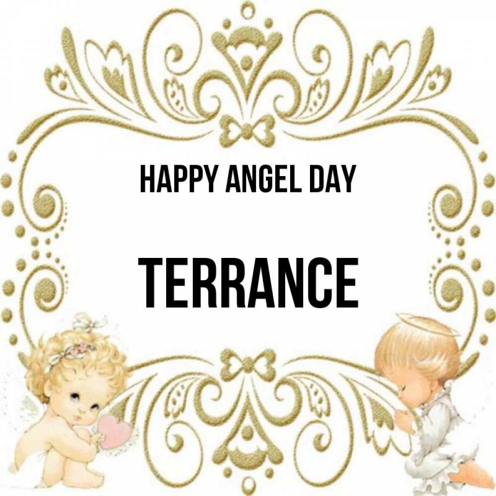 Greetings card с именем, Terrance happy angel day с именинами поздравляют два красивых ангела. Один с сердечком другой молится Greetings with text for free download 