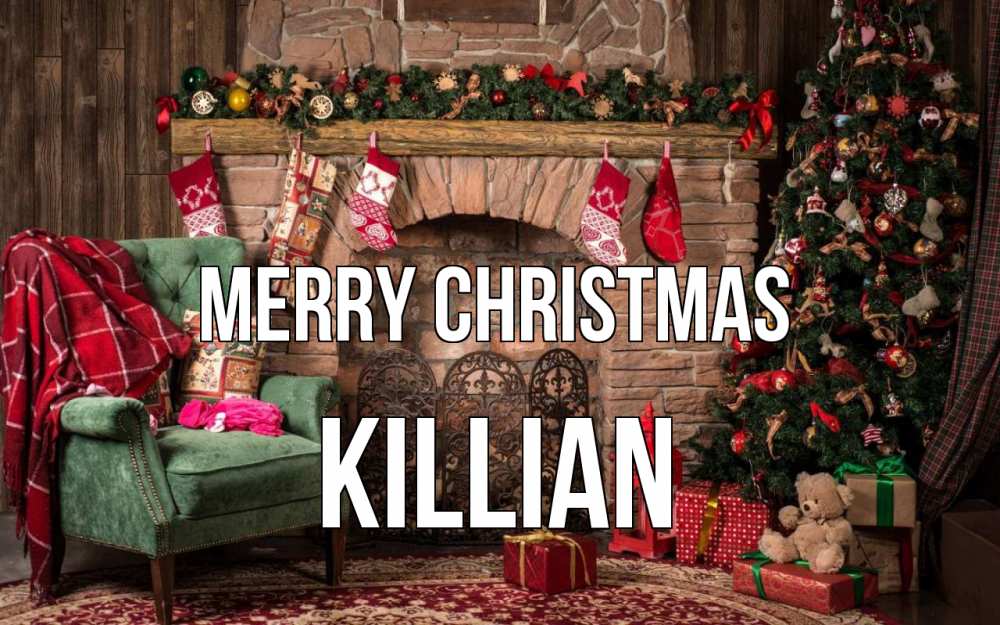 Greetings card с именем, Killian Merry Christmas рождество, камин, ель Greetings with text for free download 