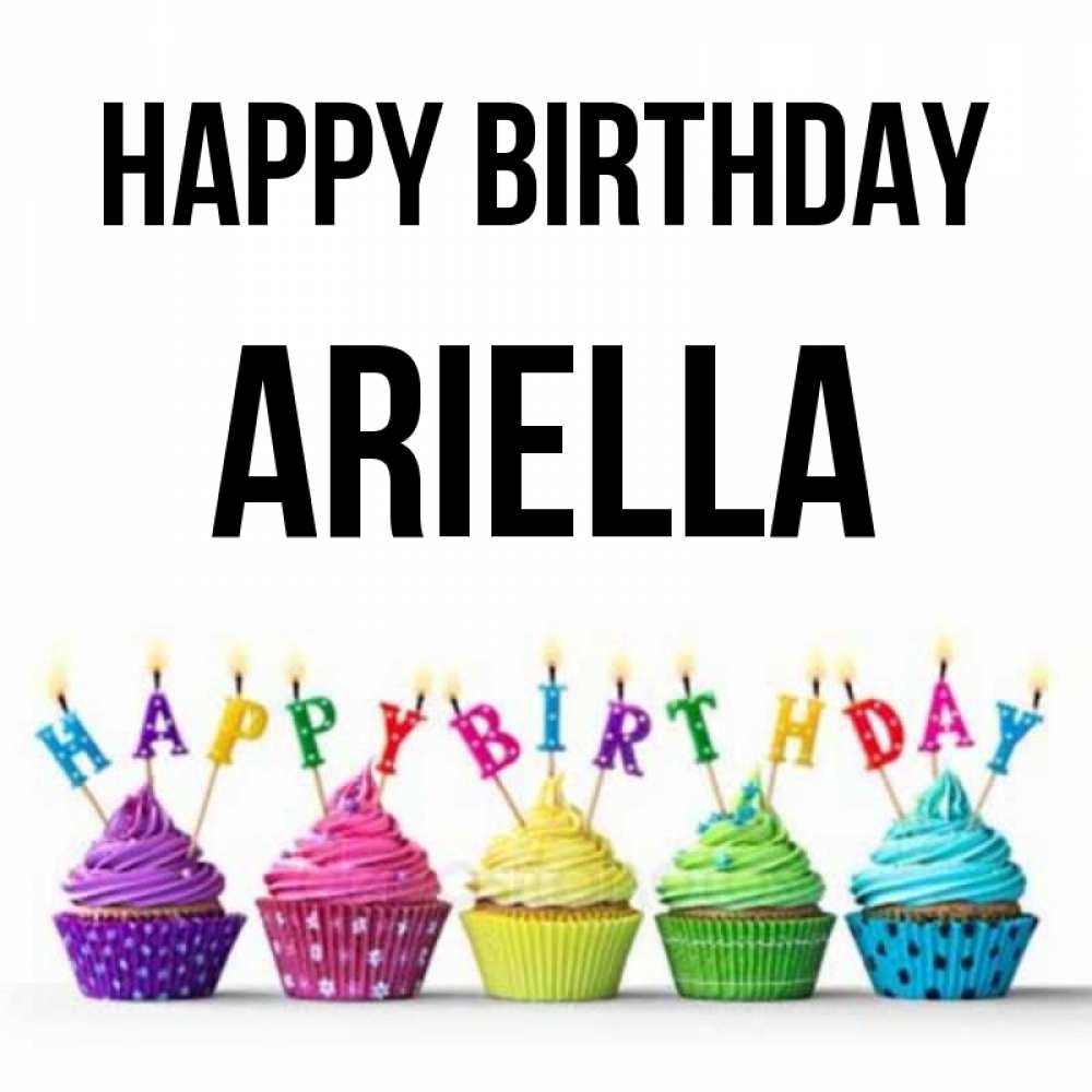 Greetings card с именем, Ariella Happy Birthday открытка ко дню рождения с разноцветными вкусняшками Greetings with text for free download 