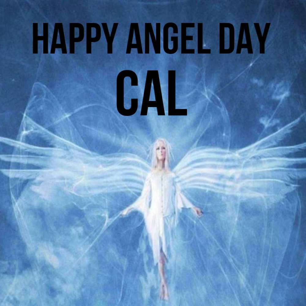 Greetings card с именем, Cal happy angel day голубой фон и крылья как у стрекозы Greetings with text for free download 