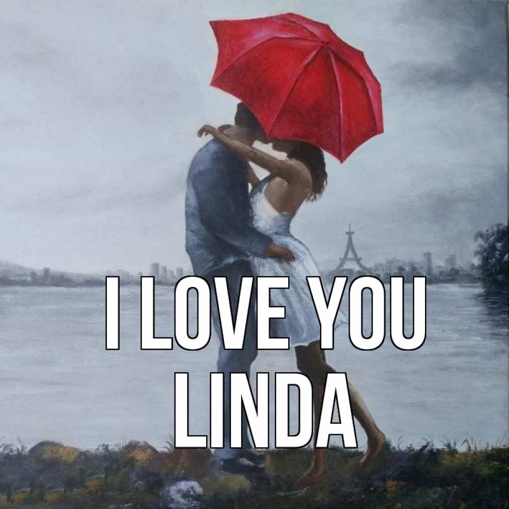 Greetings card с именем, Linda I love you под красным зонтом Greetings with text for free download 