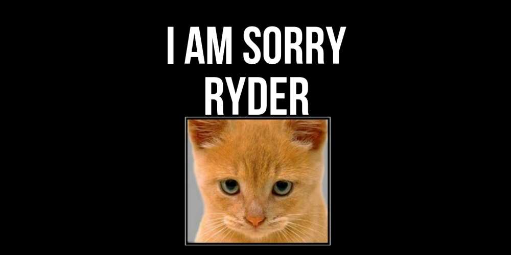 Greetings card с именем, Ryder I am sorry рыжий грустный кот просит прощения Greetings with text for free download 