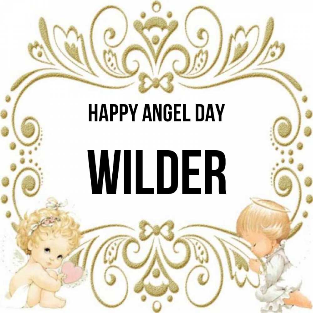 Greetings card с именем, Wilder happy angel day с именинами поздравляют два красивых ангела. Один с сердечком другой молится Greetings with text for free download 