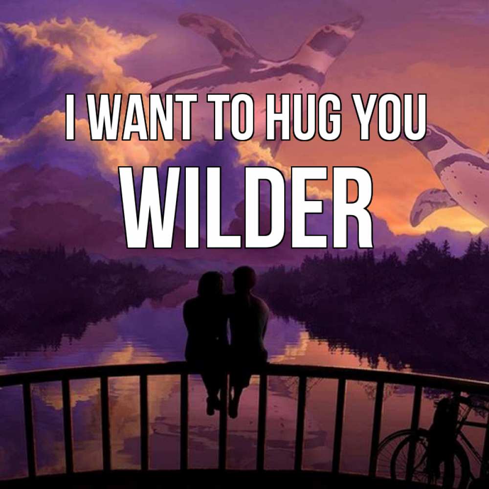 Greetings card с именем, Wilder I want to hug you парочка сидит на мосте или на набережной Greetings with text for free download 