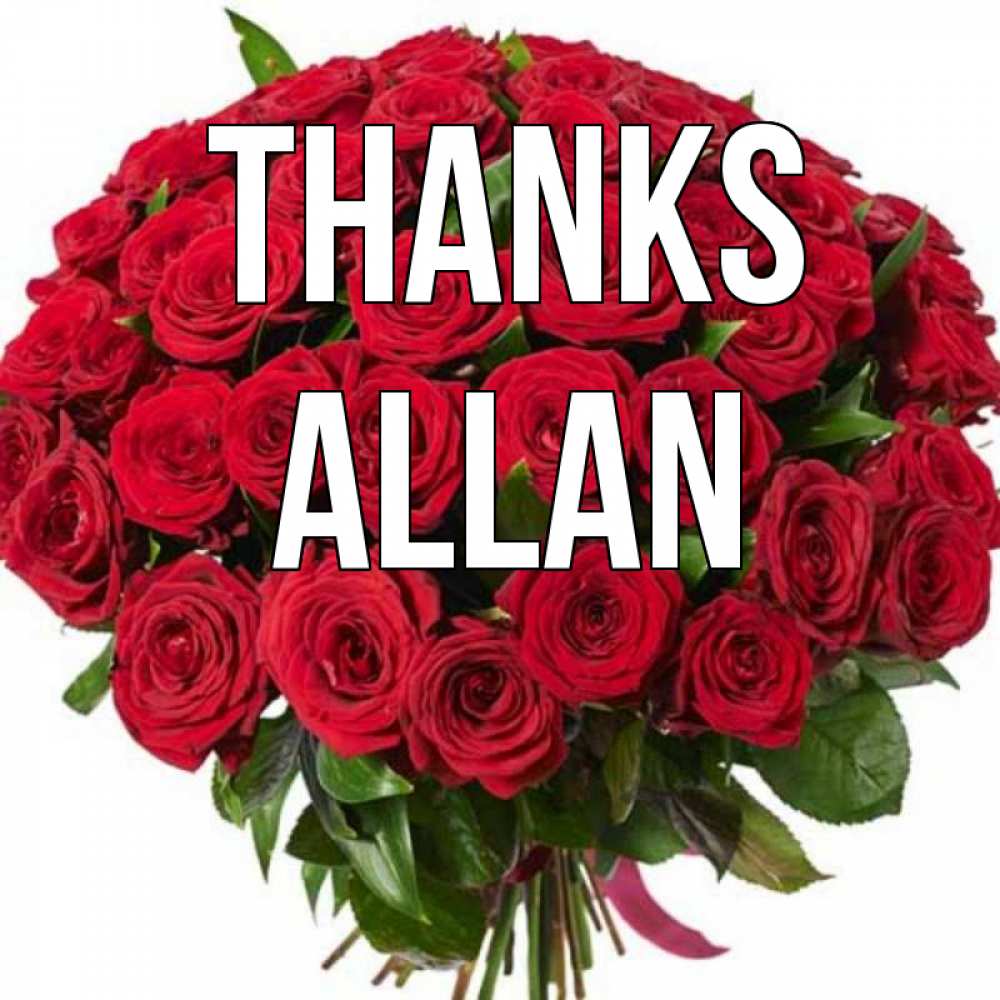 Greetings card с именем, Allan Thanks букет красных роз Greetings with text for free download 
