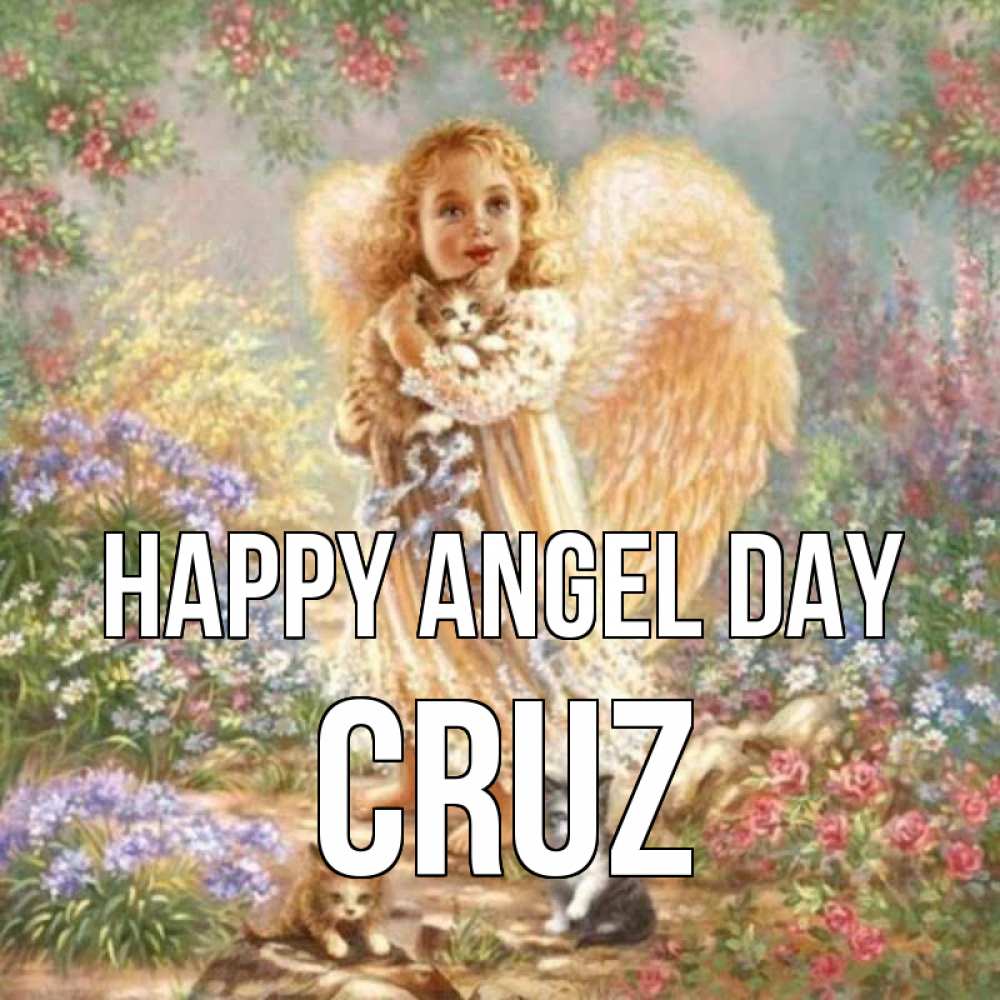 Greetings card с именем, Cruz happy angel day держит котенка Greetings with text for free download 