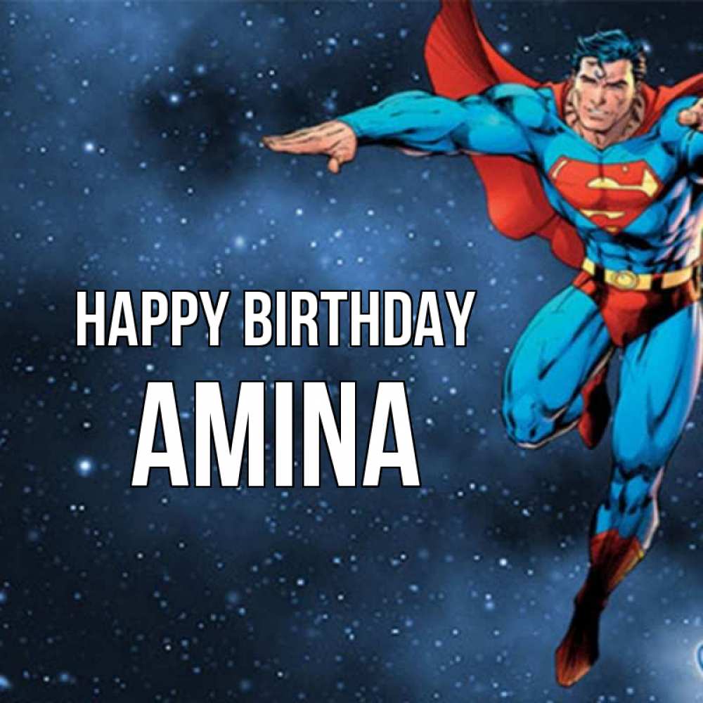 Greetings card с именем, Amina Happy Birthday супергерой Greetings with text for free download 