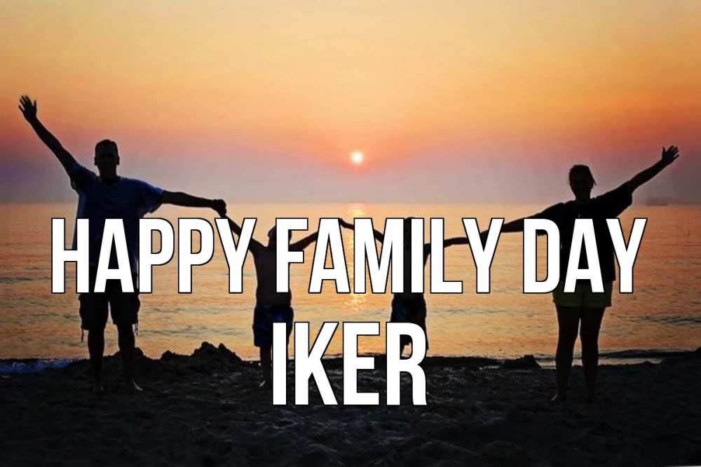 Greetings card с именем, Iker happy family day мама, папа, дети, дочка,сын, море, пляж, закат Greetings with text for free download 