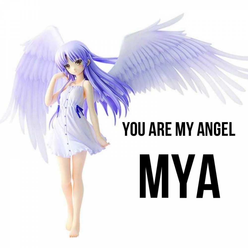 Greetings card с именем, Mya You are my angel девушка ангел с фиолетовыми крыльями Greetings with text for free download 
