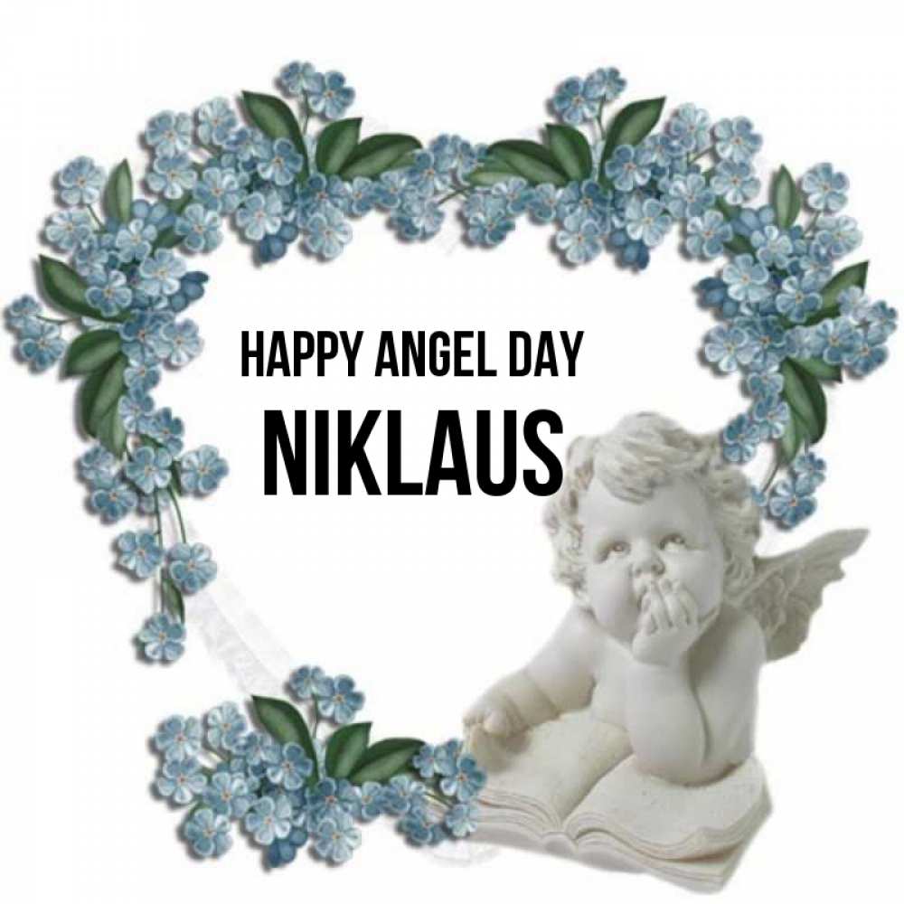 Greetings card с именем, Niklaus happy angel day голубые цветы и мраморный ангел Greetings with text for free download 