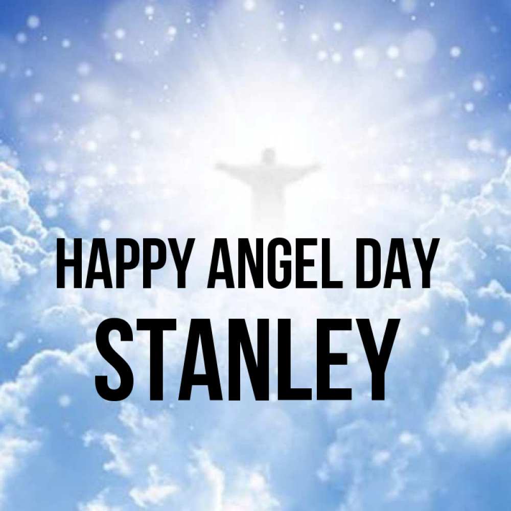 Greetings card с именем, Stanley happy angel day ангел на облаках в свете солнца Greetings with text for free download 