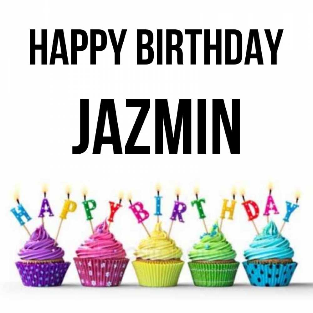 Greetings card с именем, Jazmin Happy Birthday открытка ко дню рождения с разноцветными вкусняшками Greetings with text for free download 