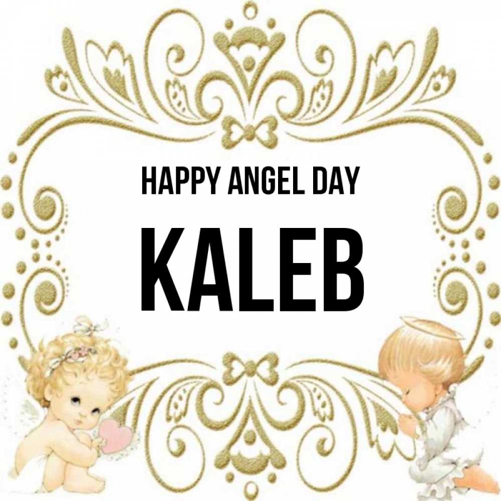 Greetings card с именем, Kaleb happy angel day с именинами поздравляют два красивых ангела. Один с сердечком другой молится Greetings with text for free download 