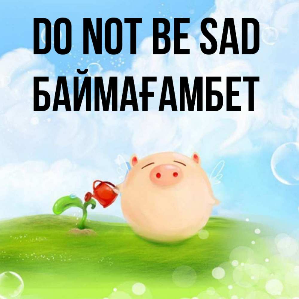 Greetings card с именем, Баймағамбет Do not be sad поливает цветок порося Greetings with text for free download 