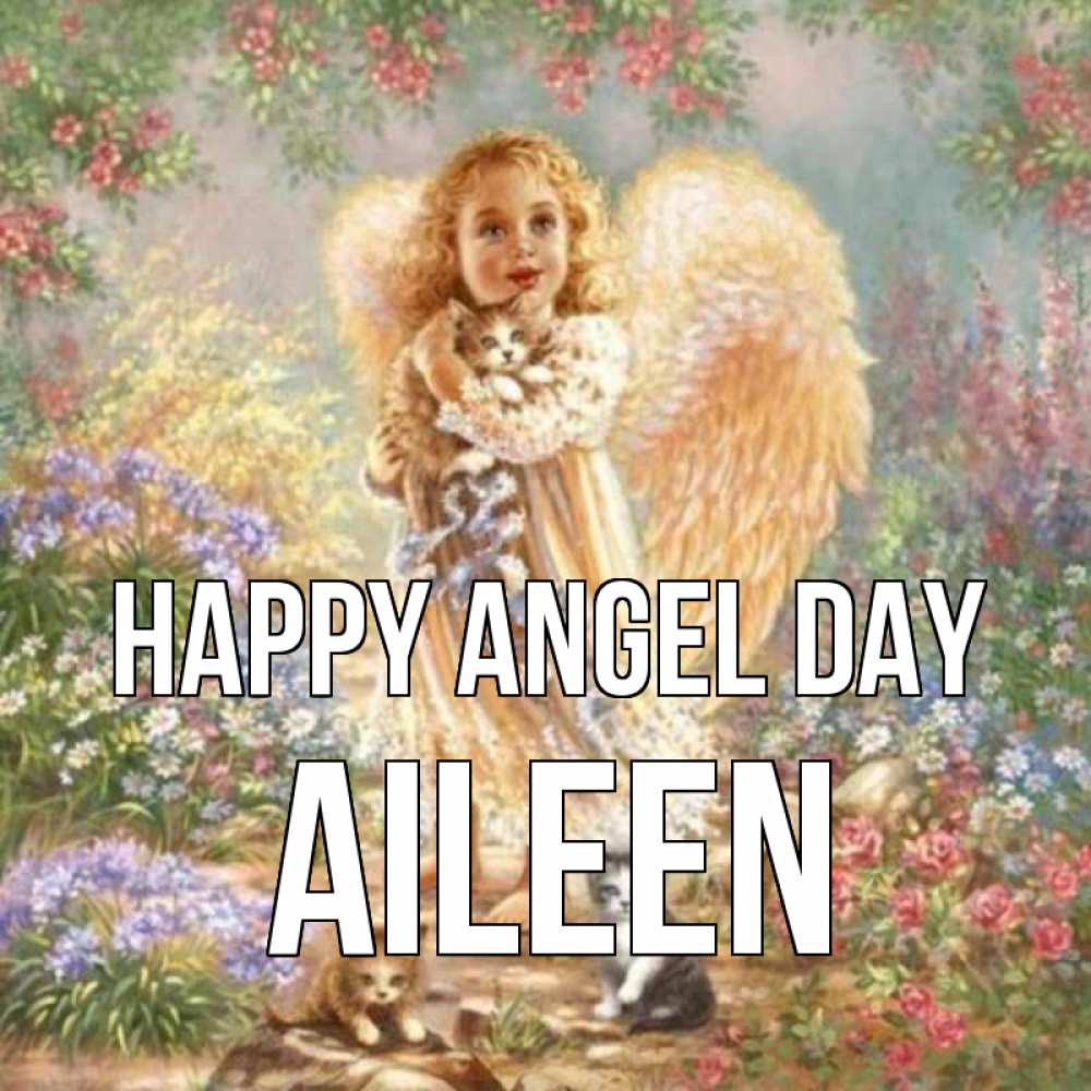 Greetings card с именем, Aileen happy angel day держит котенка Greetings with text for free download 
