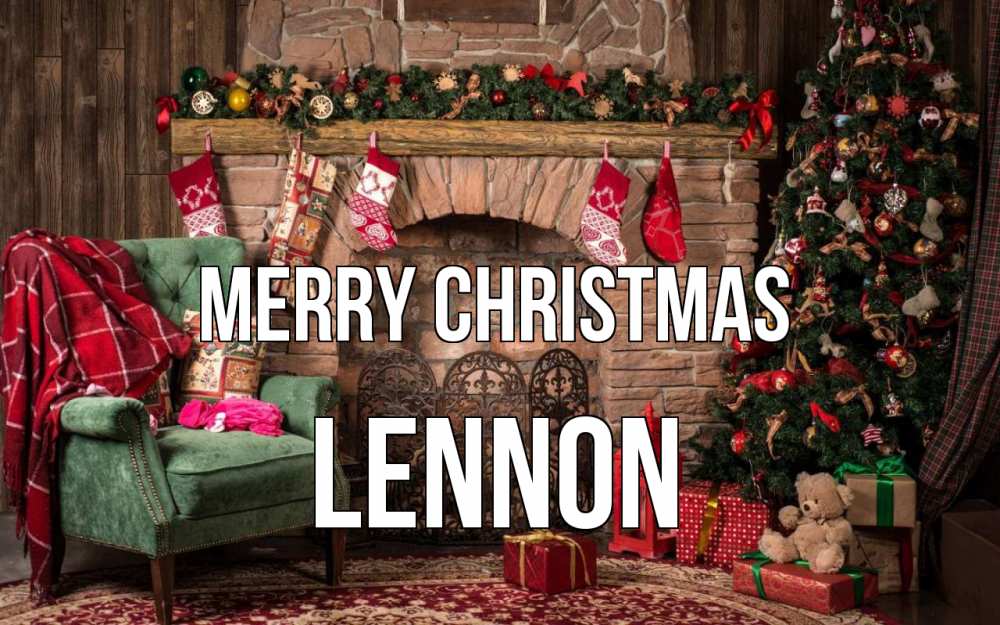 Greetings card с именем, Lennon Merry Christmas рождество, камин, ель Greetings with text for free download 