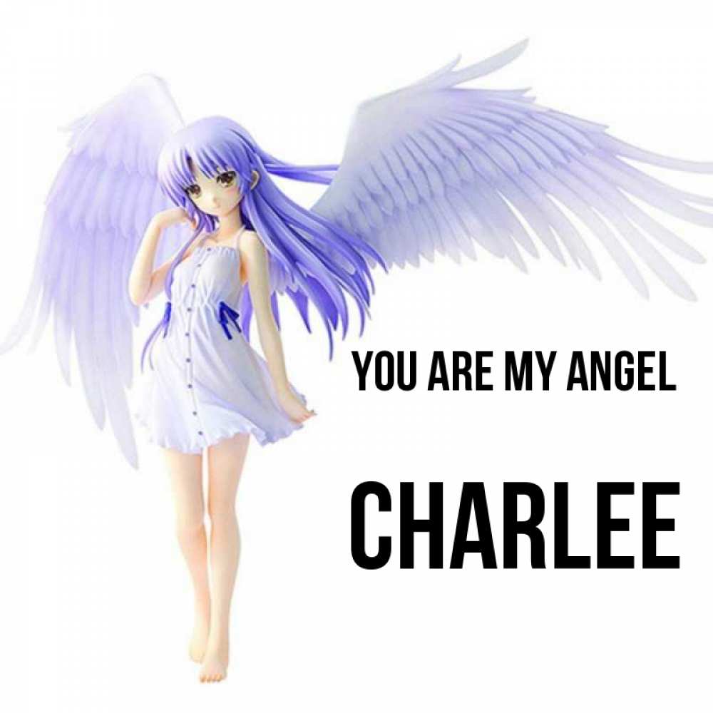 Greetings card с именем, Charlee You are my angel девушка ангел с фиолетовыми крыльями Greetings with text for free download 