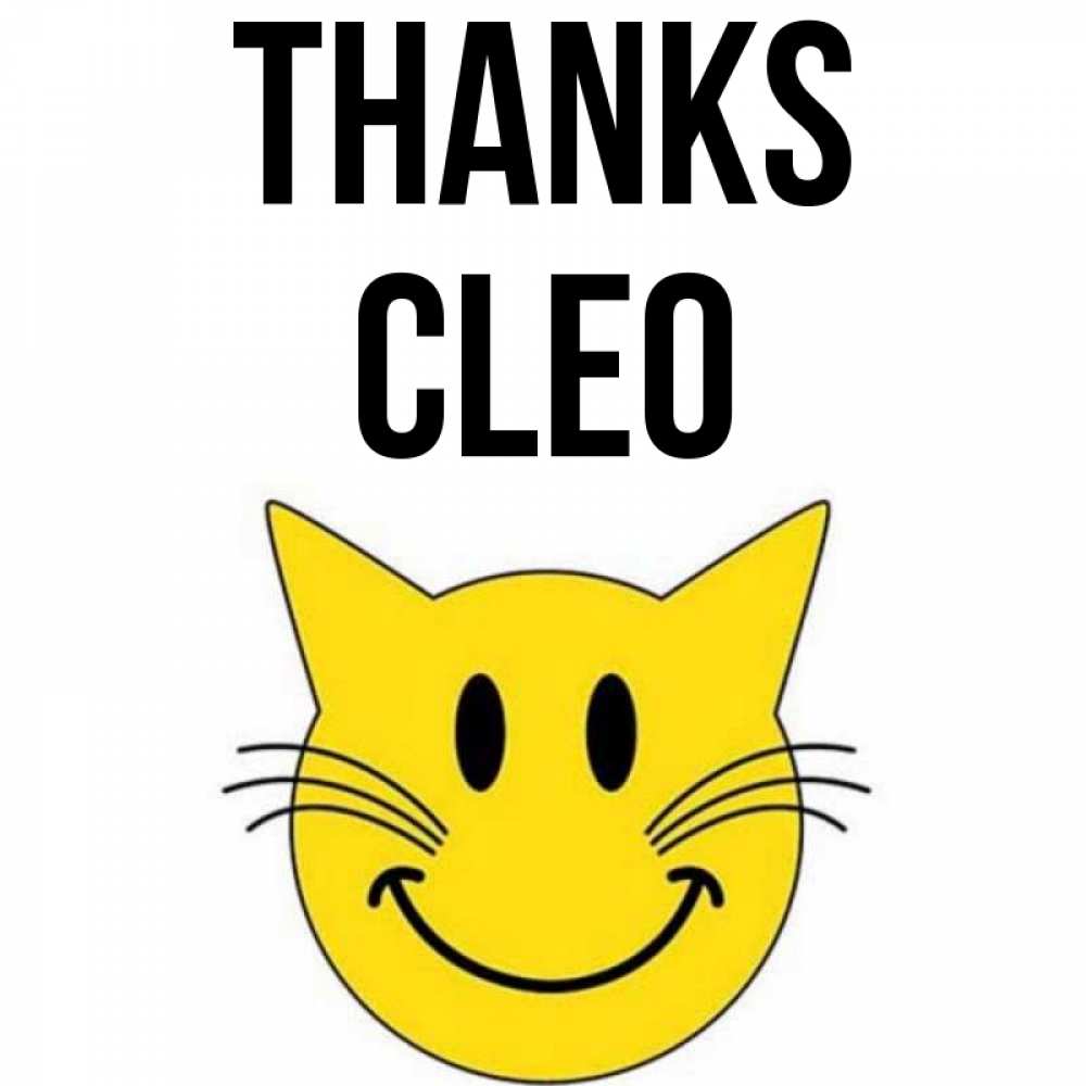 Greetings card с именем, Cleo Thanks улыбающийся смайл кот Greetings with text for free download 