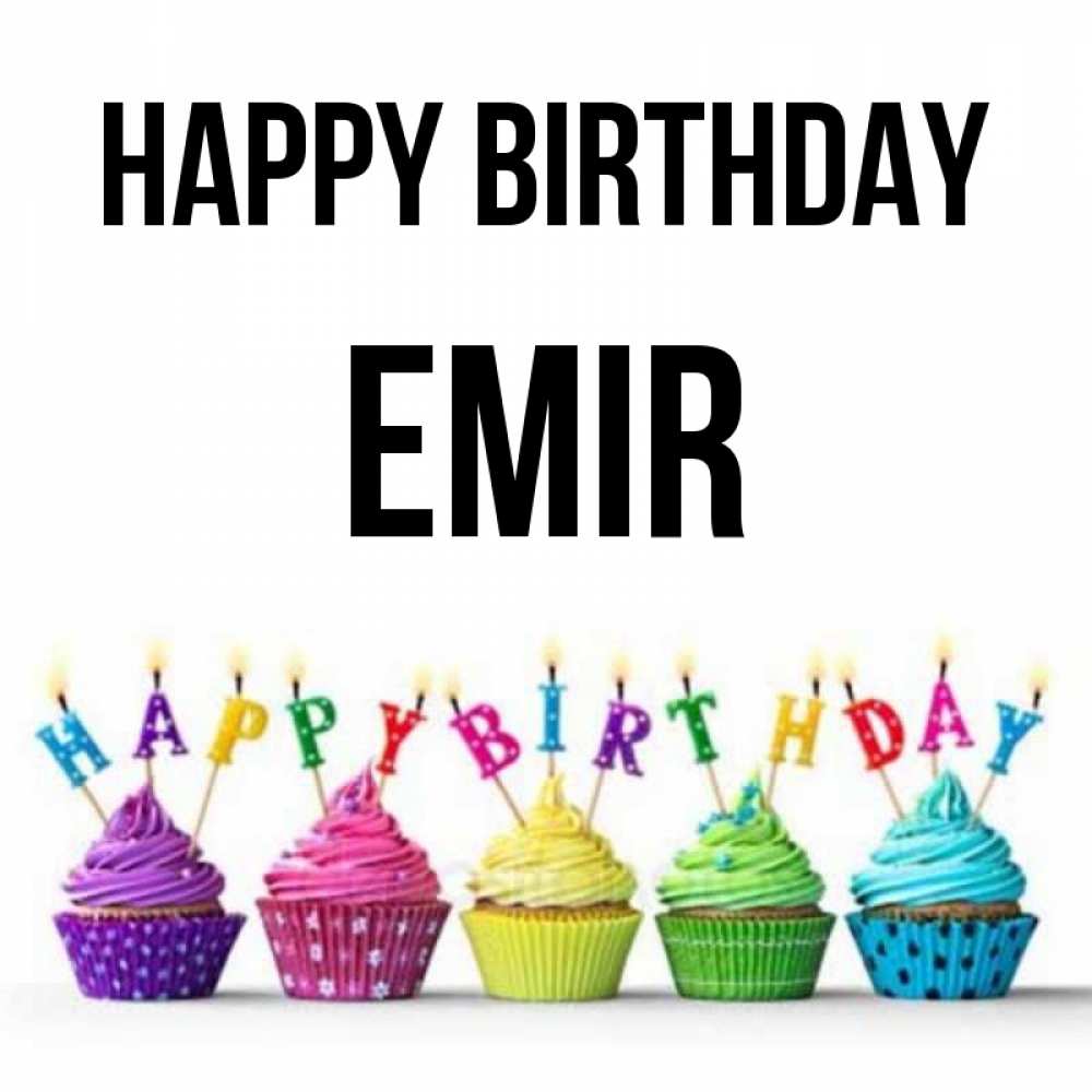 Greetings card с именем, Emir Happy Birthday открытка ко дню рождения с разноцветными вкусняшками Greetings with text for free download 
