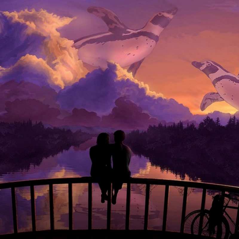 Открытка абстракция и люди  парочка сидит на мосте или на набережной  I want to hug you 