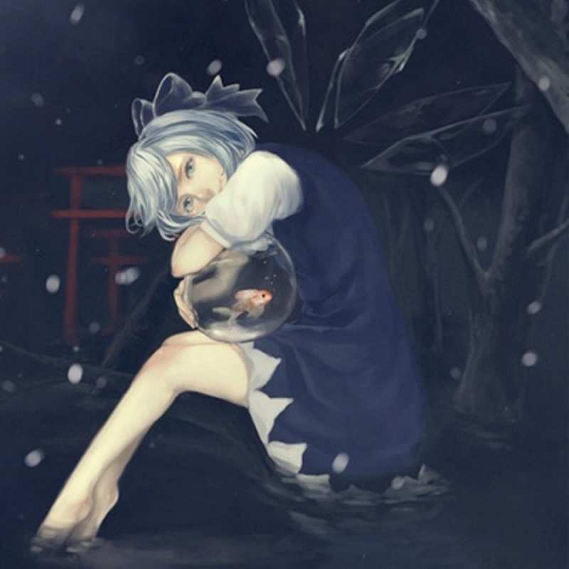 Открытка фея сидит  девушка и рыбка в аквариуме  Do not be sad 