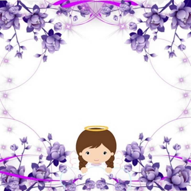 Открытка Ангел с нимбом и фиолетовые цветы  с именинами в рамочке  happy angel day 