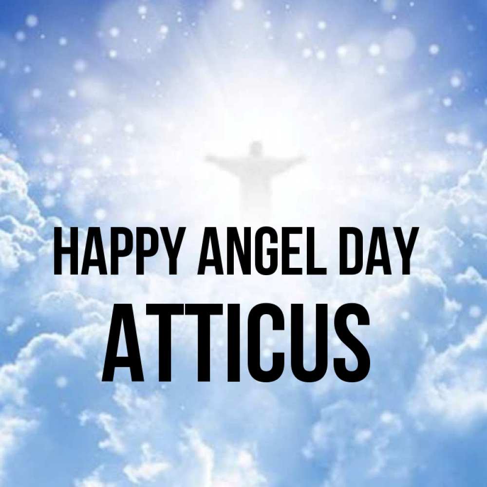 Greetings card с именем, Atticus happy angel day ангел на облаках в свете солнца Greetings with text for free download 