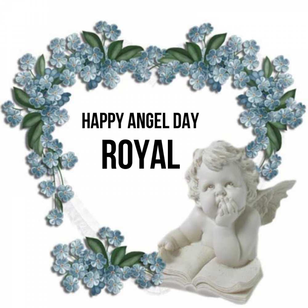 Greetings card с именем, Royal happy angel day голубые цветы и мраморный ангел Greetings with text for free download 