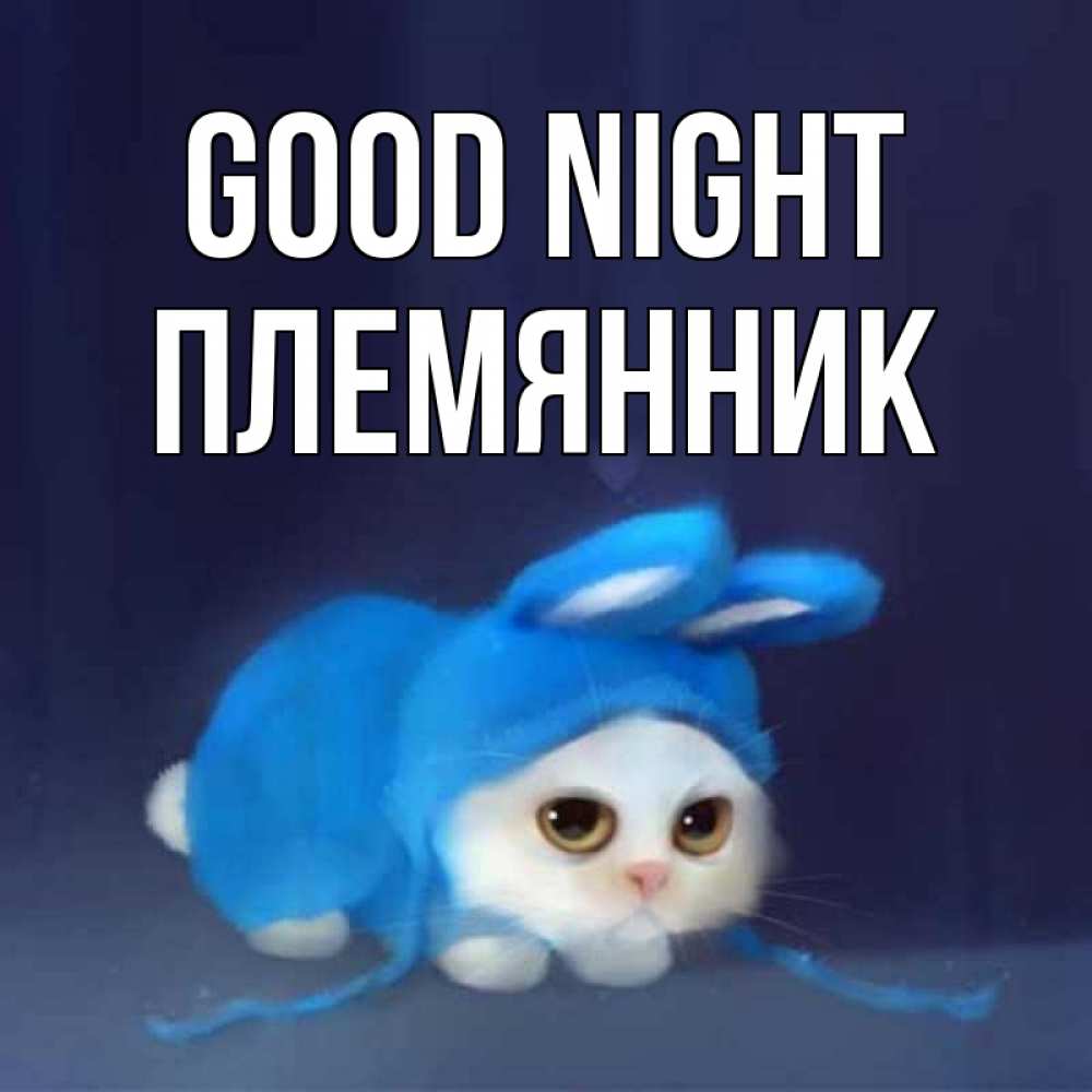 Greetings card с именем, Племянник Good night кот в голубом костюме кролика с ушками Greetings with text for free download 