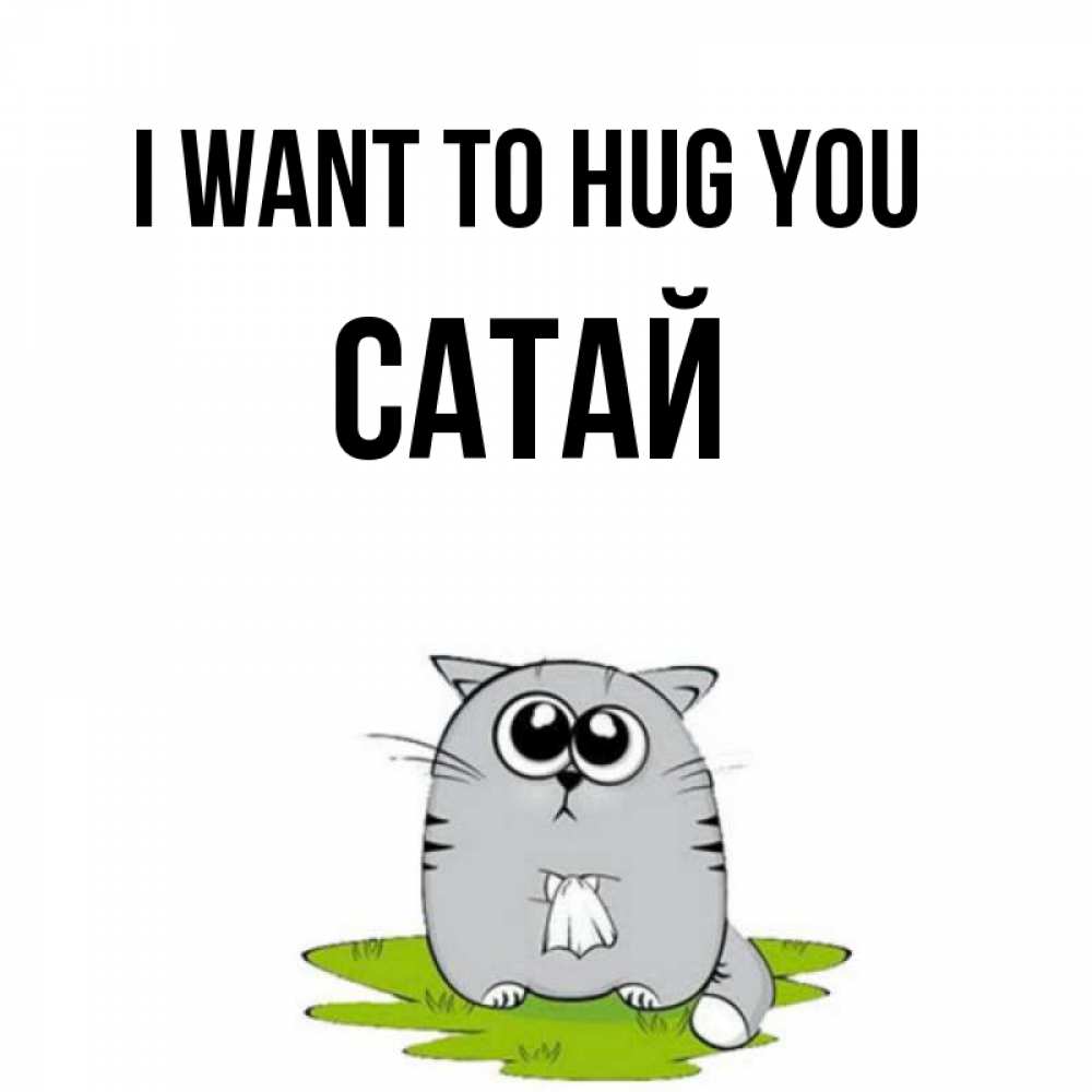 Greetings card с именем, САТАЙ I want to hug you котик теребит платочек сидя на травке Greetings with text for free download 