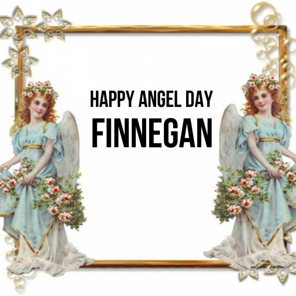 Greetings card с именем, Finnegan happy angel day рамочка из золота и ангелы Greetings with text for free download 
