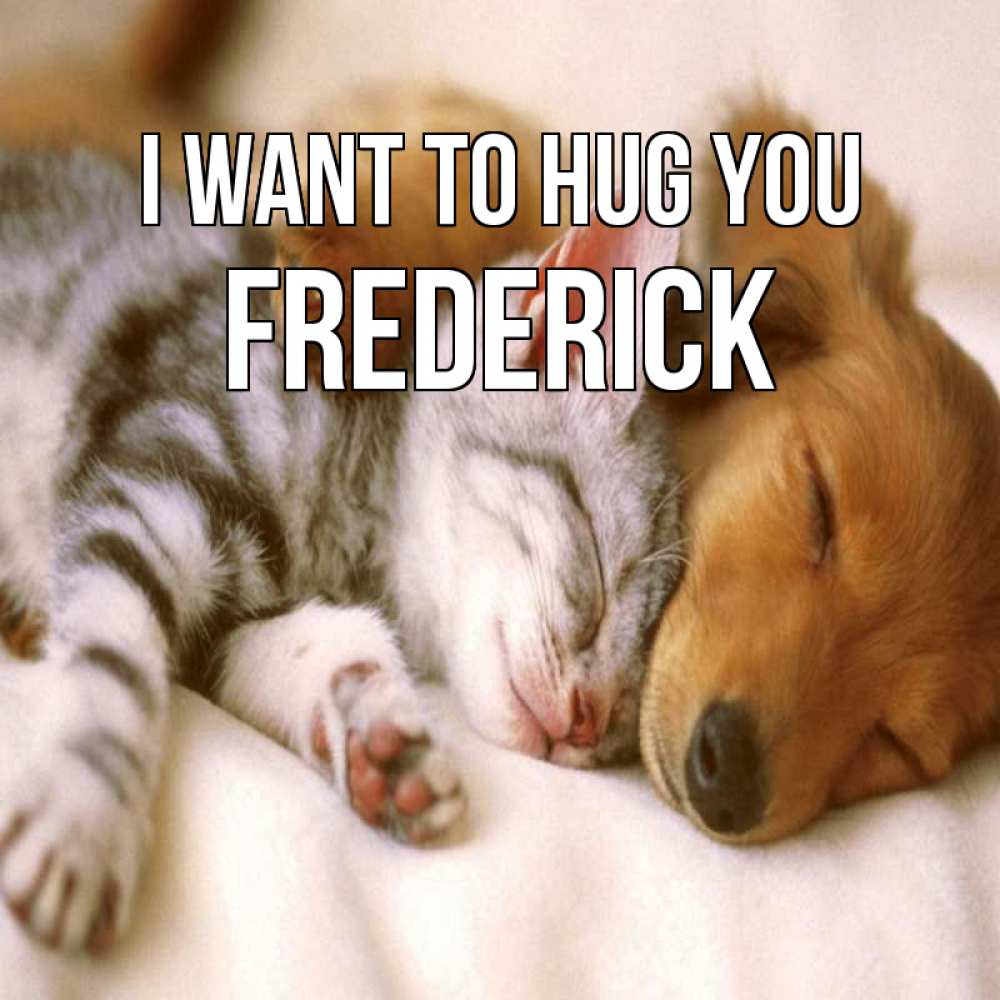 Greetings card с именем, Frederick I want to hug you пес и котенок Greetings with text for free download 