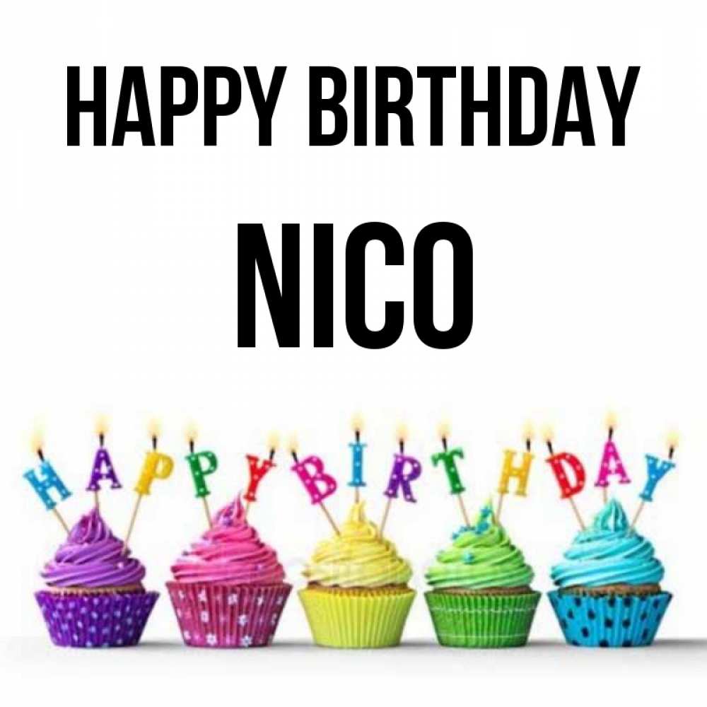 Greetings card с именем, Nico Happy Birthday открытка ко дню рождения с разноцветными вкусняшками Greetings with text for free download 