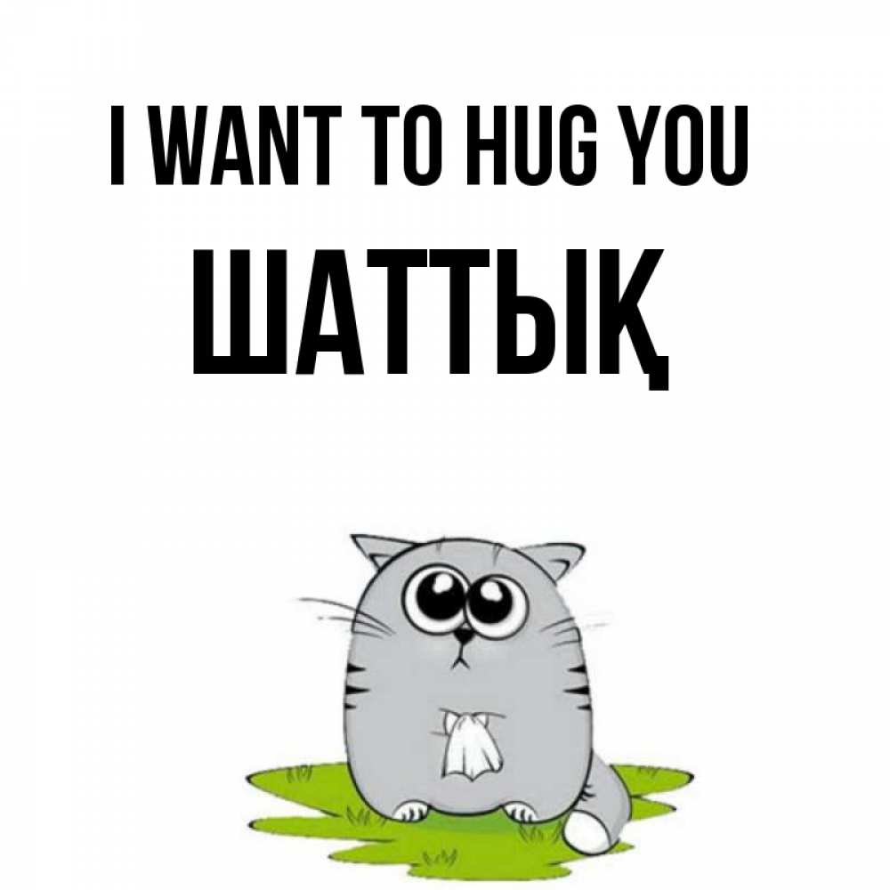 Greetings card с именем, ШАТТЫҚ I want to hug you котик теребит платочек сидя на травке Greetings with text for free download 