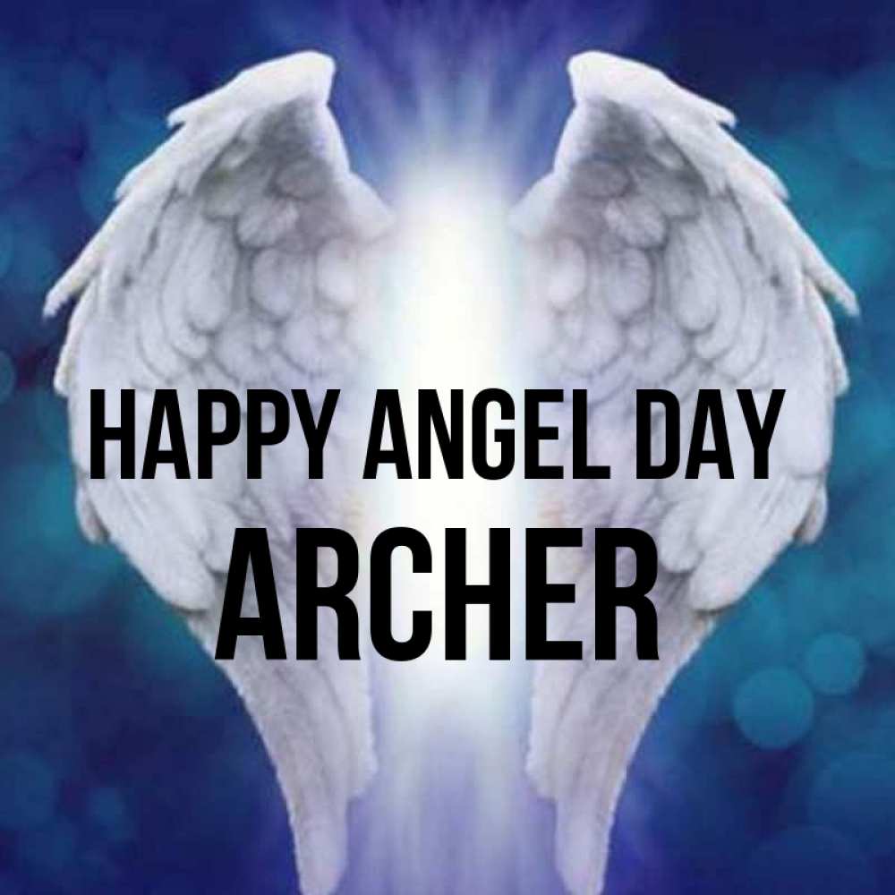 Greetings card с именем, Archer happy angel day синий фон и крылышки Greetings with text for free download 