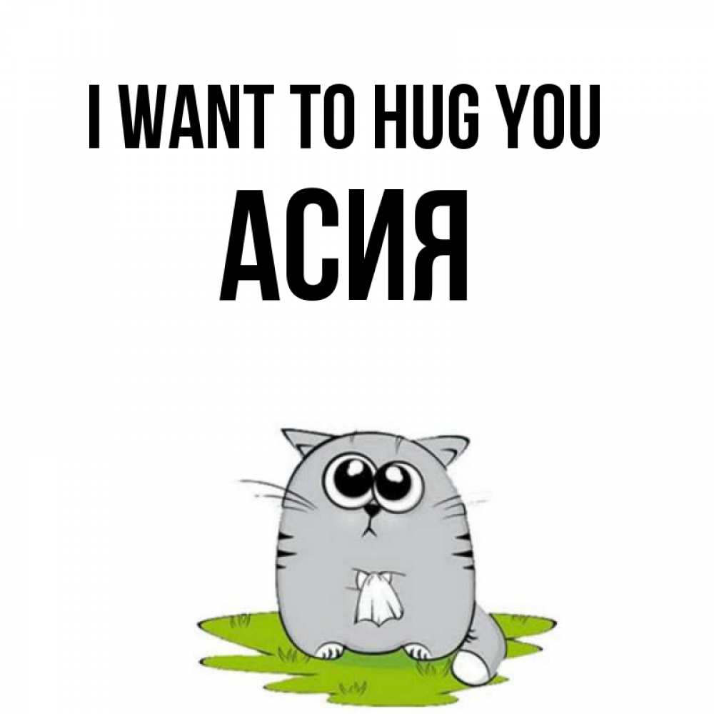 Greetings card с именем, АСИЯ I want to hug you котик теребит платочек сидя на травке Greetings with text for free download 