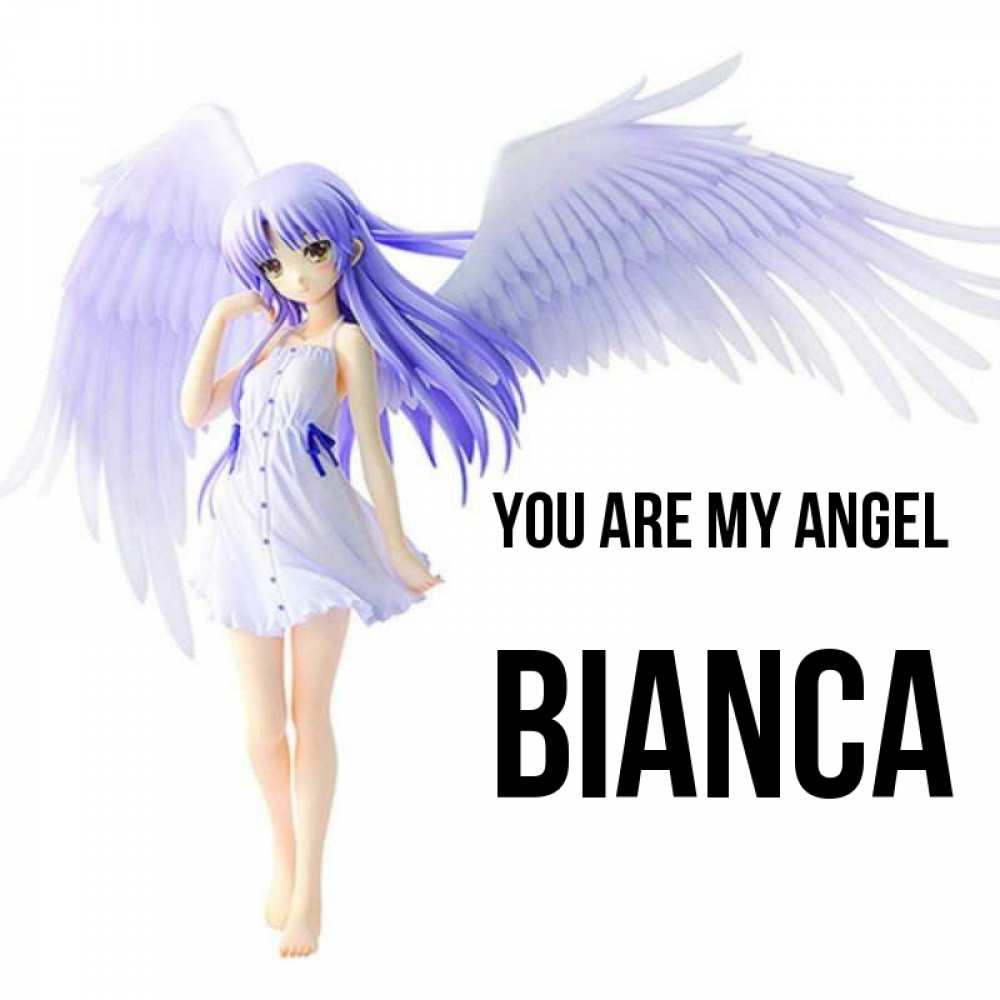 Greetings card с именем, Bianca You are my angel девушка ангел с фиолетовыми крыльями Greetings with text for free download 