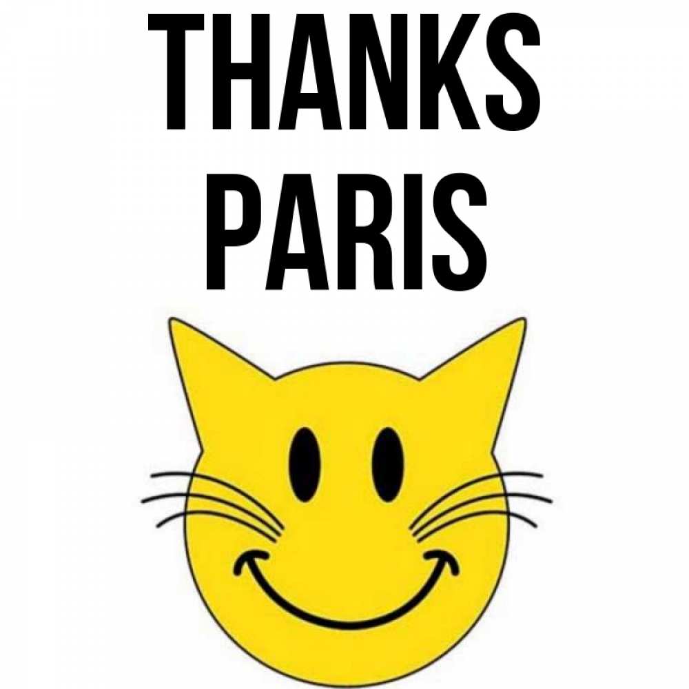 Greetings card с именем, Paris Thanks улыбающийся смайл кот Greetings with text for free download 