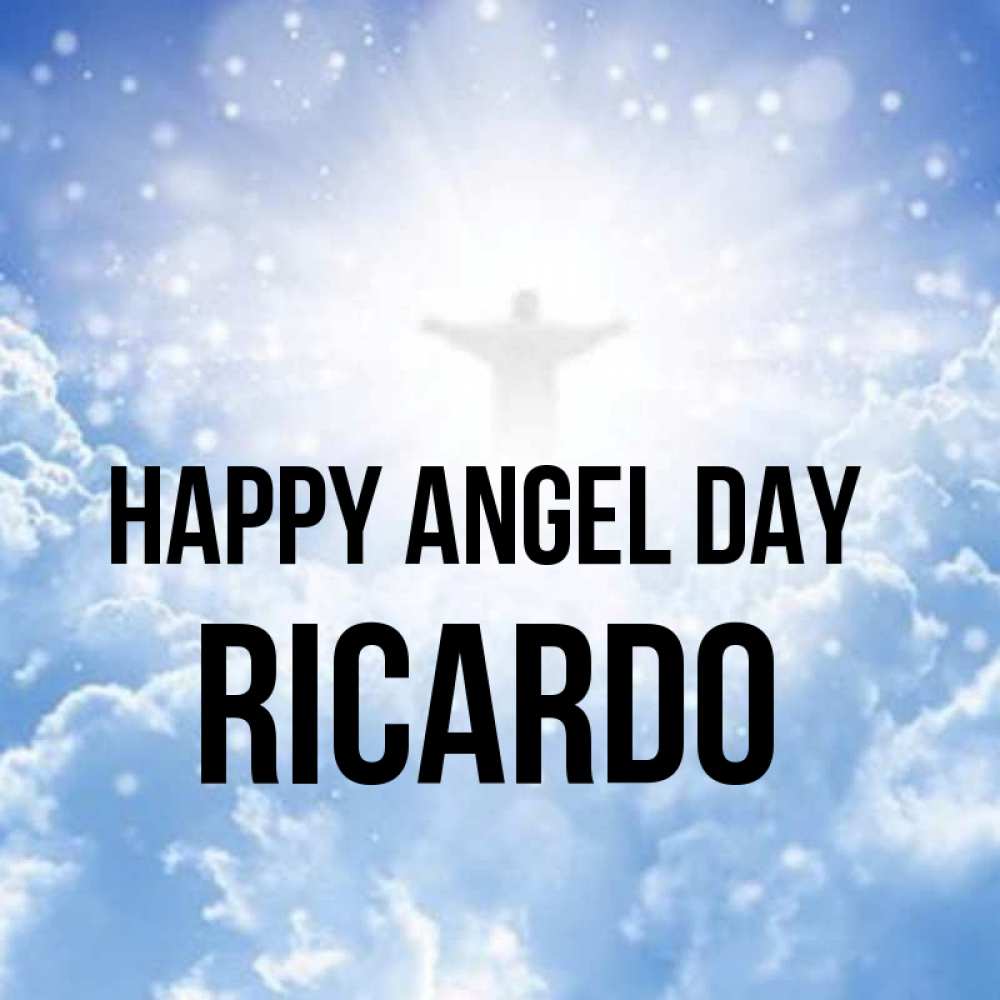 Greetings card с именем, Ricardo happy angel day ангел на облаках в свете солнца Greetings with text for free download 