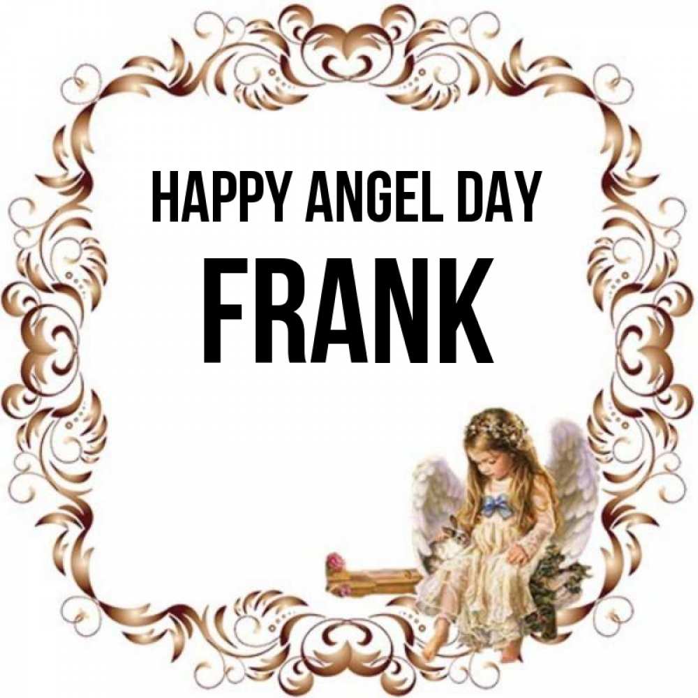 Greetings card с именем, Frank happy angel day рамочка из перьев и ангелочек Greetings with text for free download 