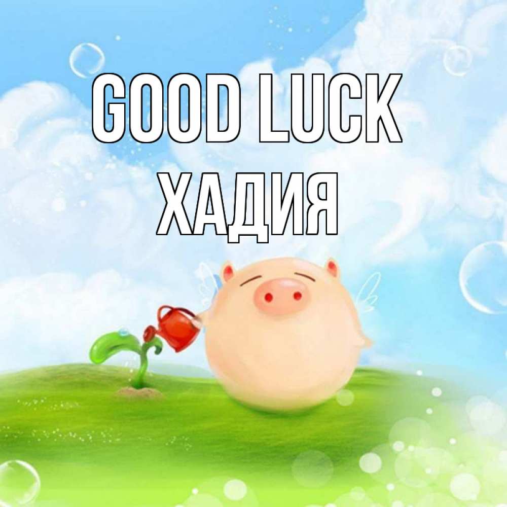 Greetings card с именем, ХАДИЯ Good luck поросенок поливает цветок. летнее настроение Greetings with text for free download 