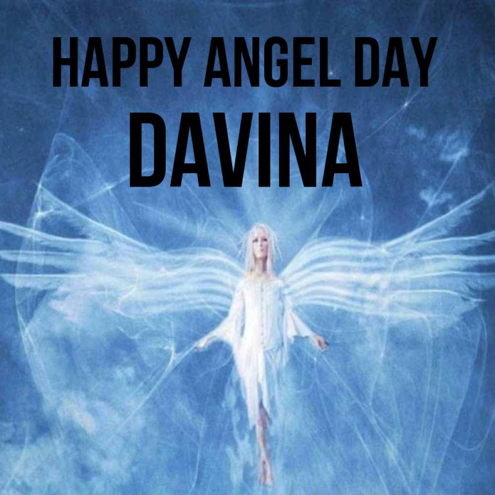 Greetings card с именем, Davina happy angel day голубой фон и крылья как у стрекозы Greetings with text for free download 