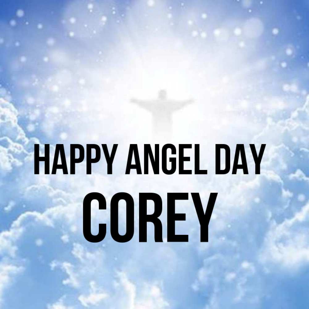 Greetings card с именем, Corey happy angel day ангел на облаках в свете солнца Greetings with text for free download 