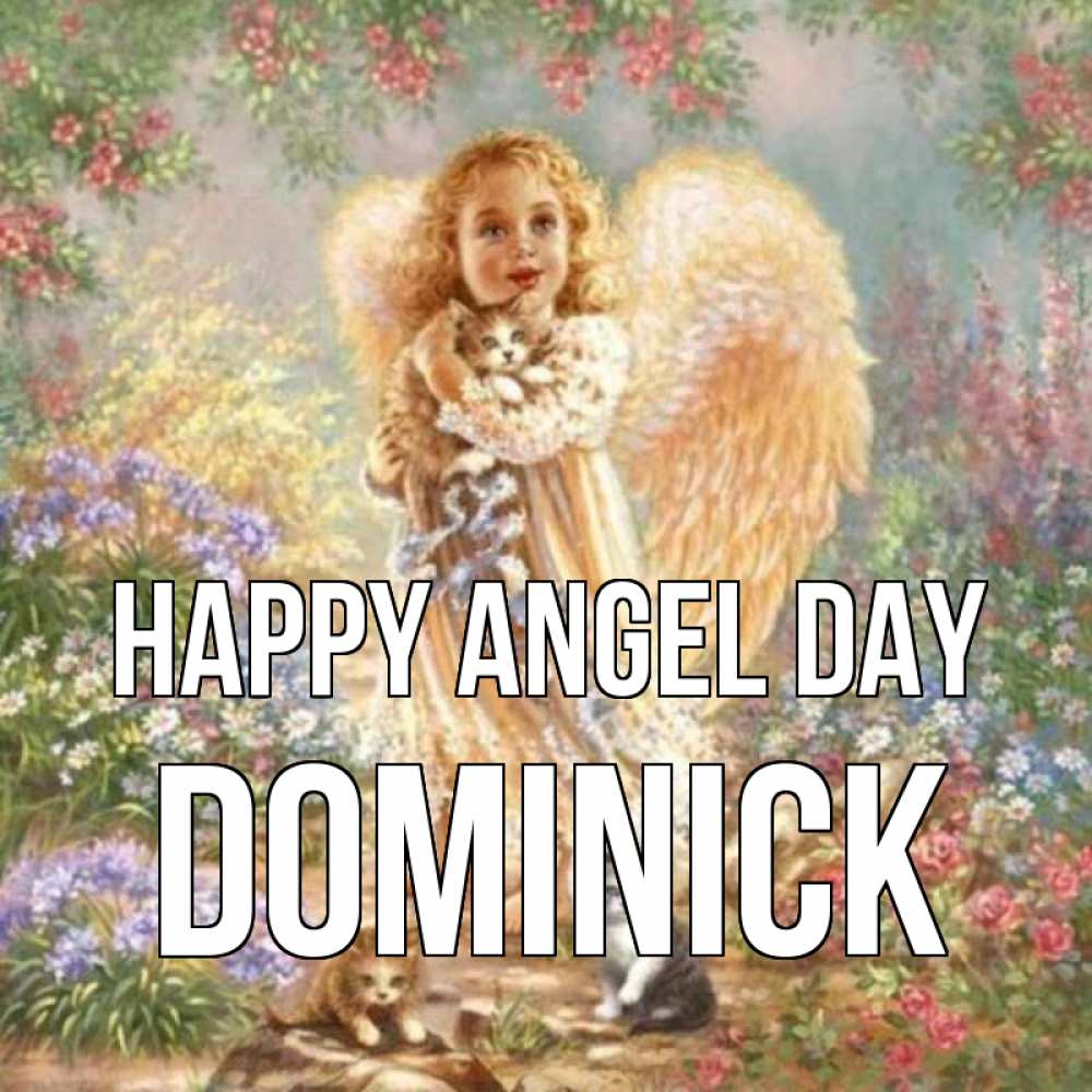 Greetings card с именем, Dominick happy angel day держит котенка Greetings with text for free download 